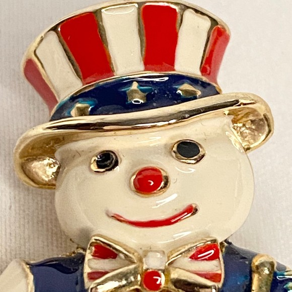 Patriotic Snowman Brooch And Pendant Heavy Gold Tone Enamel Cloisonne - Picture 3 of 9
